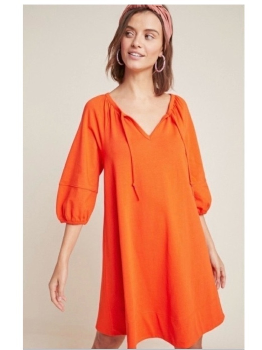 Anthropologie Anais Puff Sleeve Tunic Mini Dress Boho Minimalist Orange Medium